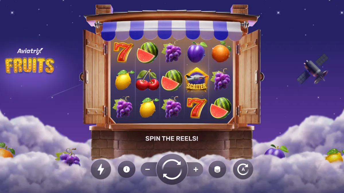 Interface do jogo Aviatrix Fruits mostrando rolos com símbolos de frutas e elementos de aviação