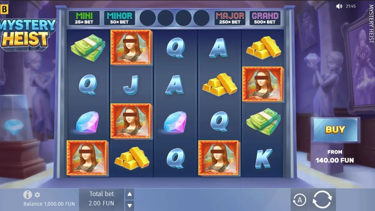 Interface do jogo de slot Mystery Heist com tema de assalto